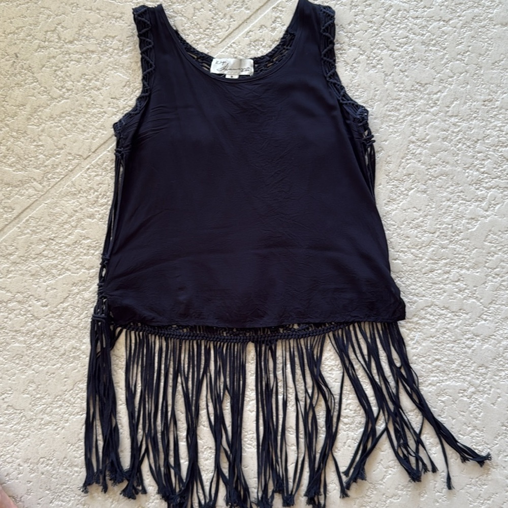 VTG Fringe Havana Black Boho Sleeveless Tank Top size M